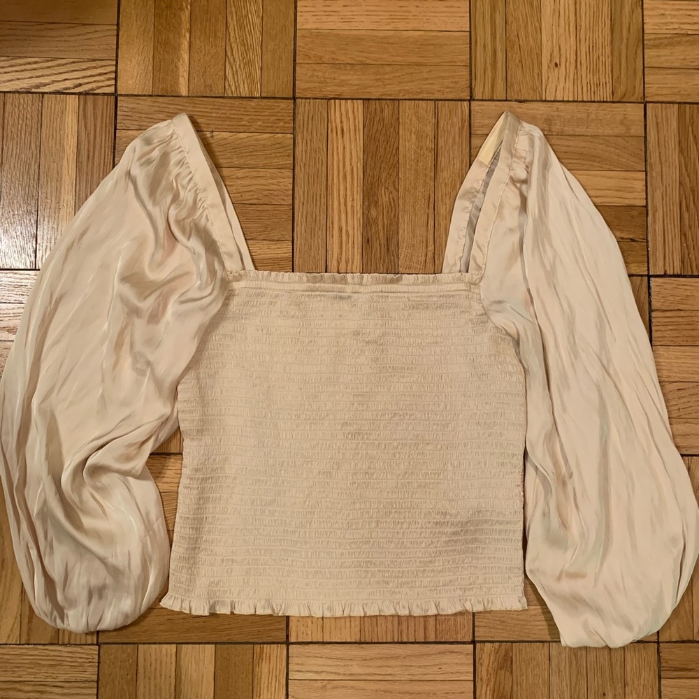 NWOT J. Crew squareneck smocked featherweight satin cropped top in pale yellow